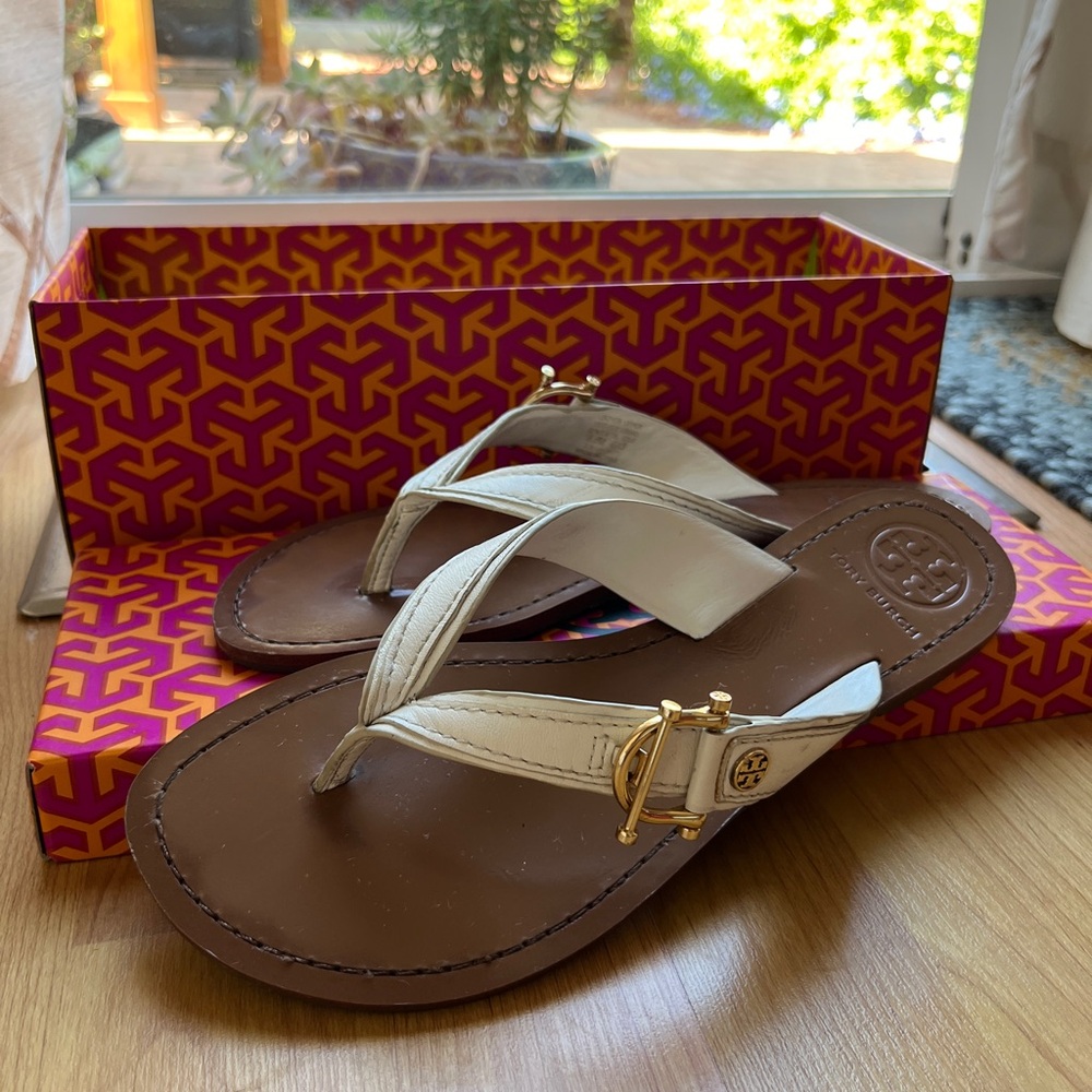 Tory Burch Cream and Brown Flip Flops